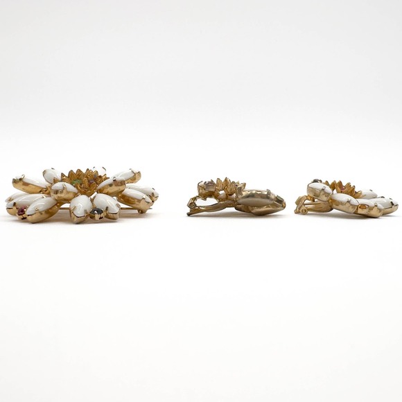 D&E Juliana White Milk Glass Navette Pastel Rhinestone Floral Brooch Earring Set - Picture 11 of 11